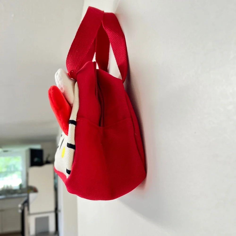 Hello Kitty Red and White Canvas Bag with plush Bow, zipper pull pearl bead, NIP